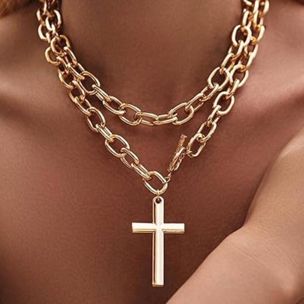 Chunky Gold Cross Necklace for Women Layered Necklace Retro Big - Picture 2 of 5